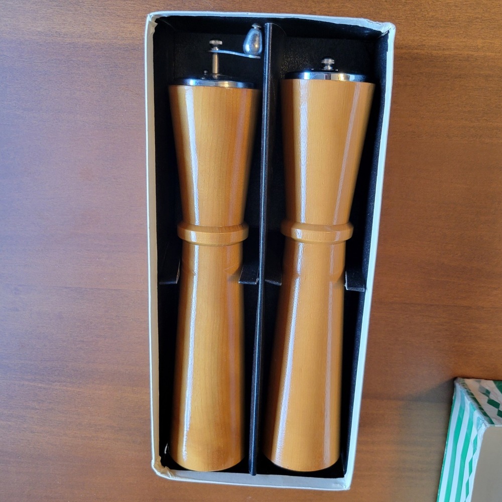Vintage Wood Salt Shaker and Pepper Mill Set Made in Japan 10in MCM Original Box
